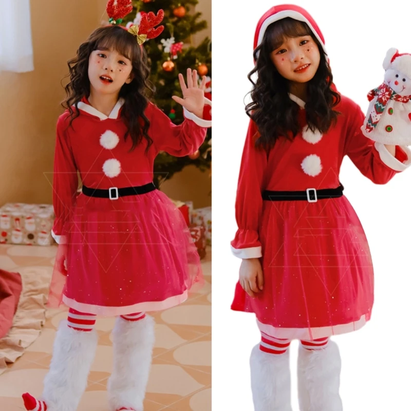 

Kids Santa Costume Hoodies Dress for Girls Christmas Dress Long Sleeve Outfit