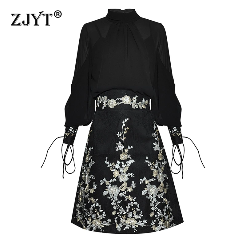 

ZJYT Women's Two Piece Dress Sets Runway Lantern Sleeve Chiffon Blouse and Embroidery Skirt Suit White Black Vintage Outfit New