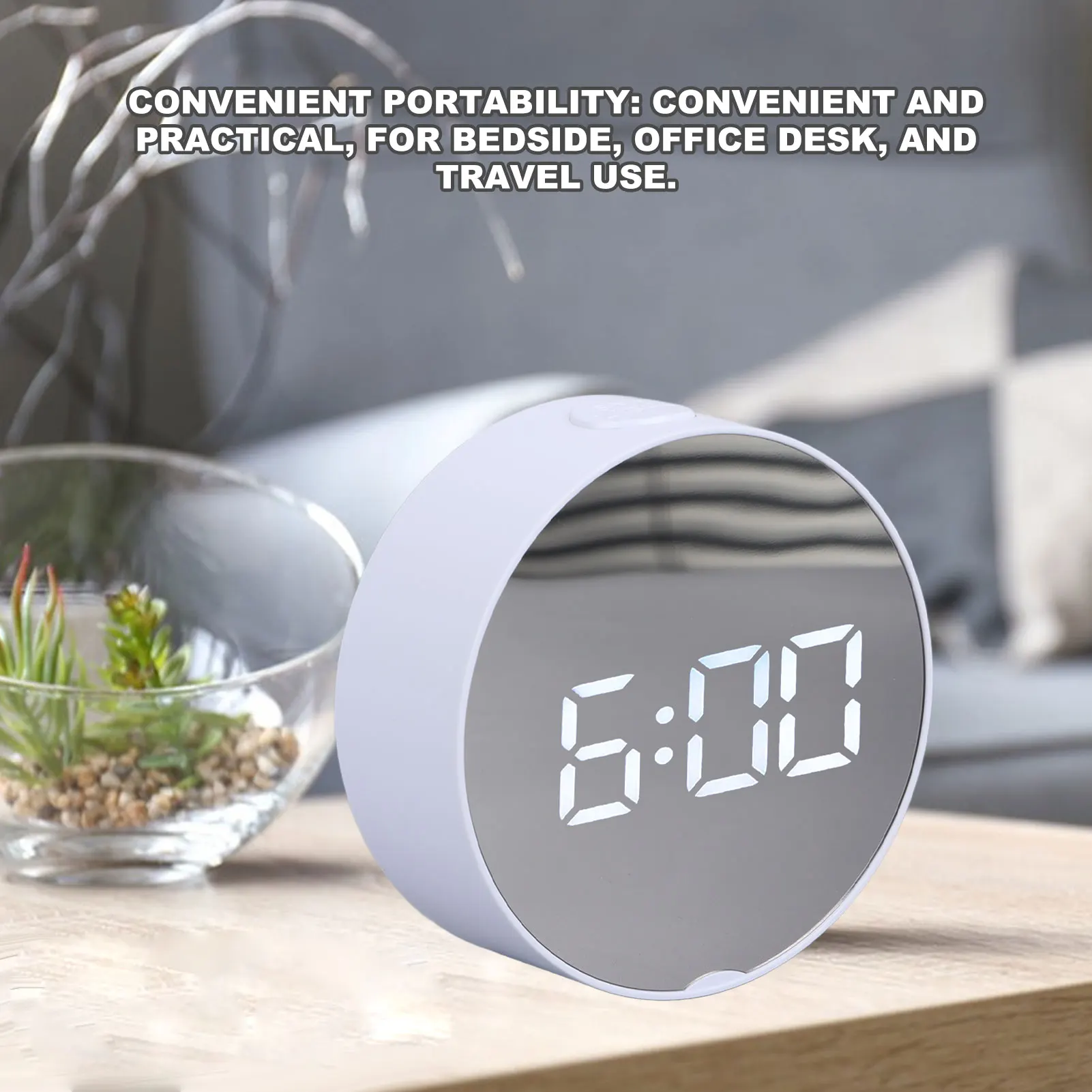 Digital Mirror Clock Alarm White Big Round Screen Easy to Read Portable LED Clock for Office Bedroom Travel Digital Mirror