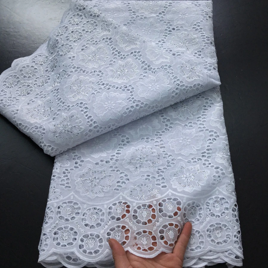 Swiss Voile Lace Fabric High Quality Rhinestone Embroidered African Dry Cotton Lace Fabric for Nigerian Wedding Dress A4273