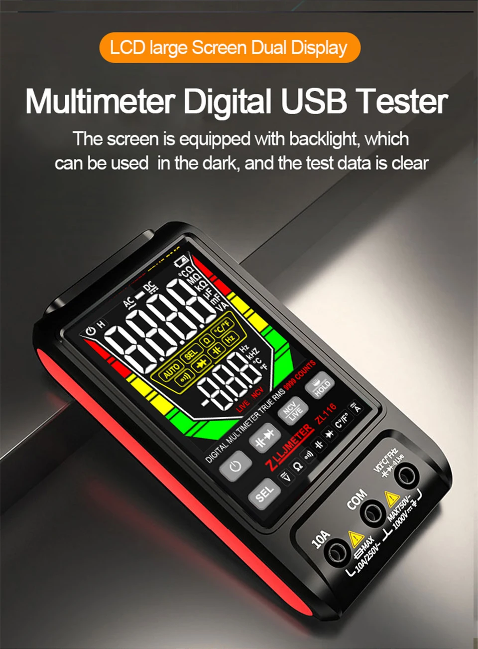Description Picture 5 of itemUSB Charging Large Screen Smart Multimeters Digital DC AC Current True RMS Auto Electrical Capacitance ohm Temp Multimetro test