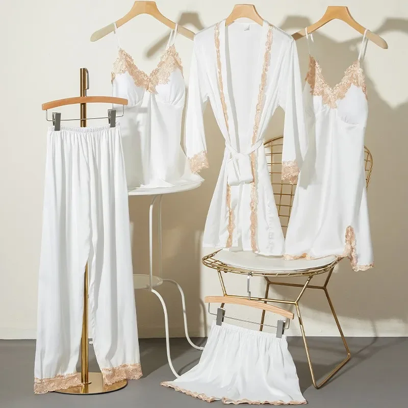 Ice Silk Pajamas Women'S Summer Thin Sexy Lace Sling Nightgown Five-Piece Set Korean Version Long-Sleeved Home Clothes Smooth