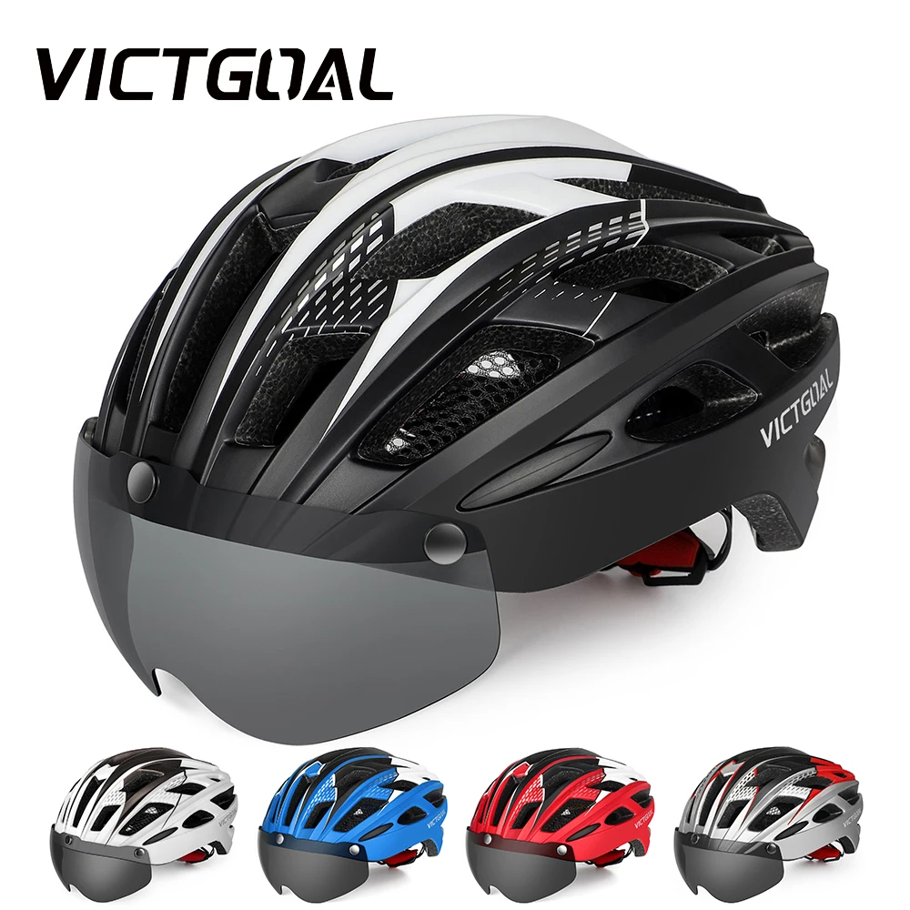 

VICTGOAL Cycling Helmet for Men Magnetic Goggles Lens Sun Visor Rear LED Tail Light Bicycle Safety Scooter MTB Road Bike Helmets