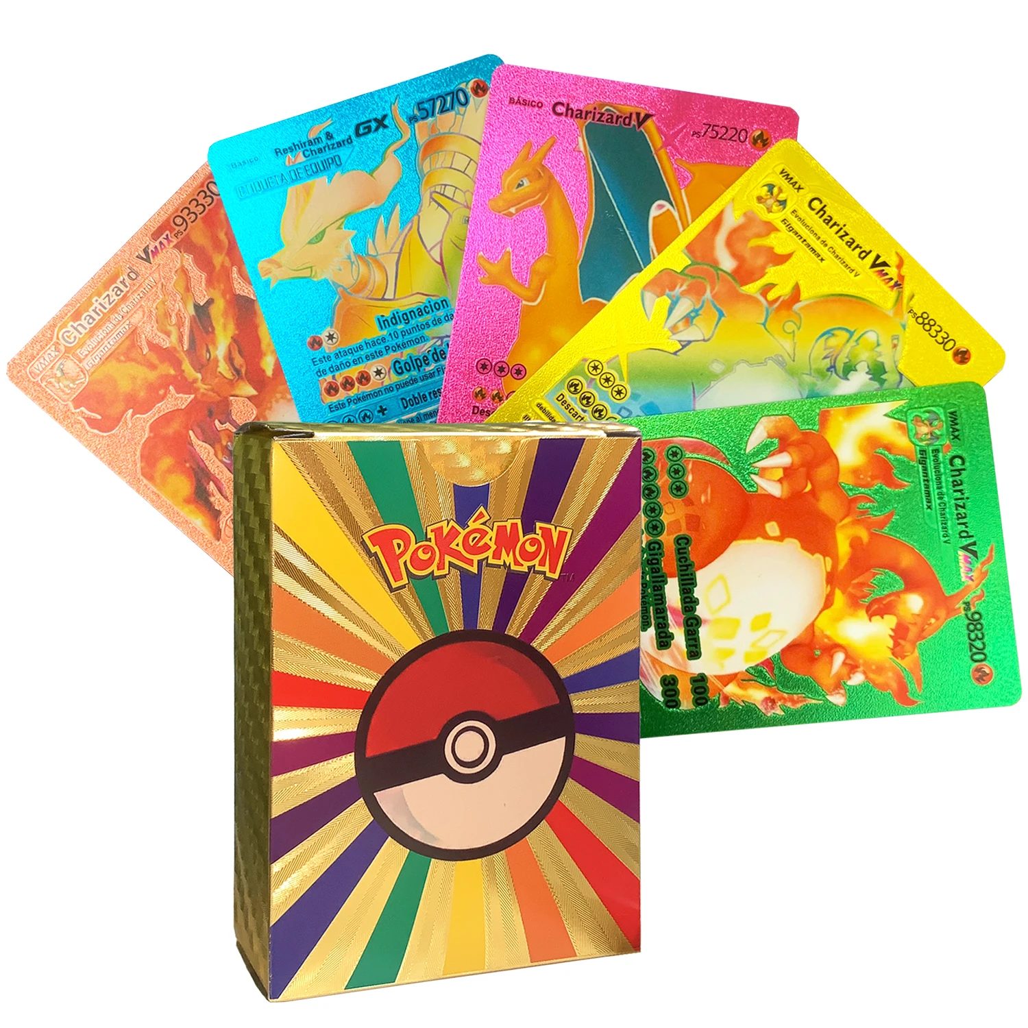 Caja de cartas de juego Treingi 2024 de Pokémon de colores dorado, plateado, negro y diamante, en español, inglés, francés y alemán, con cartas de Metalicas Charizard Vmax Gx
