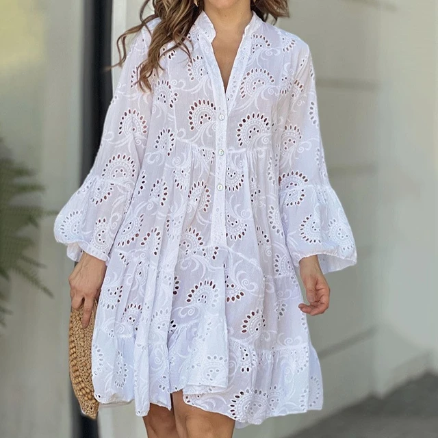 Summer Elegant Vintage Solid Lace Dress V-neck Loose Hollow Out Pattern Embroidery Vestidos Women Beach Sexy Mini White Dresses 1