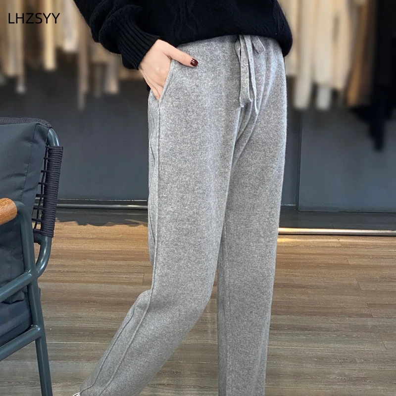 LHZSYY Autumn Winter New Women\' Cashmere High Waist Trousers Casual Loose Tight Waist Pants Draw String Straight Pants Wool Knit