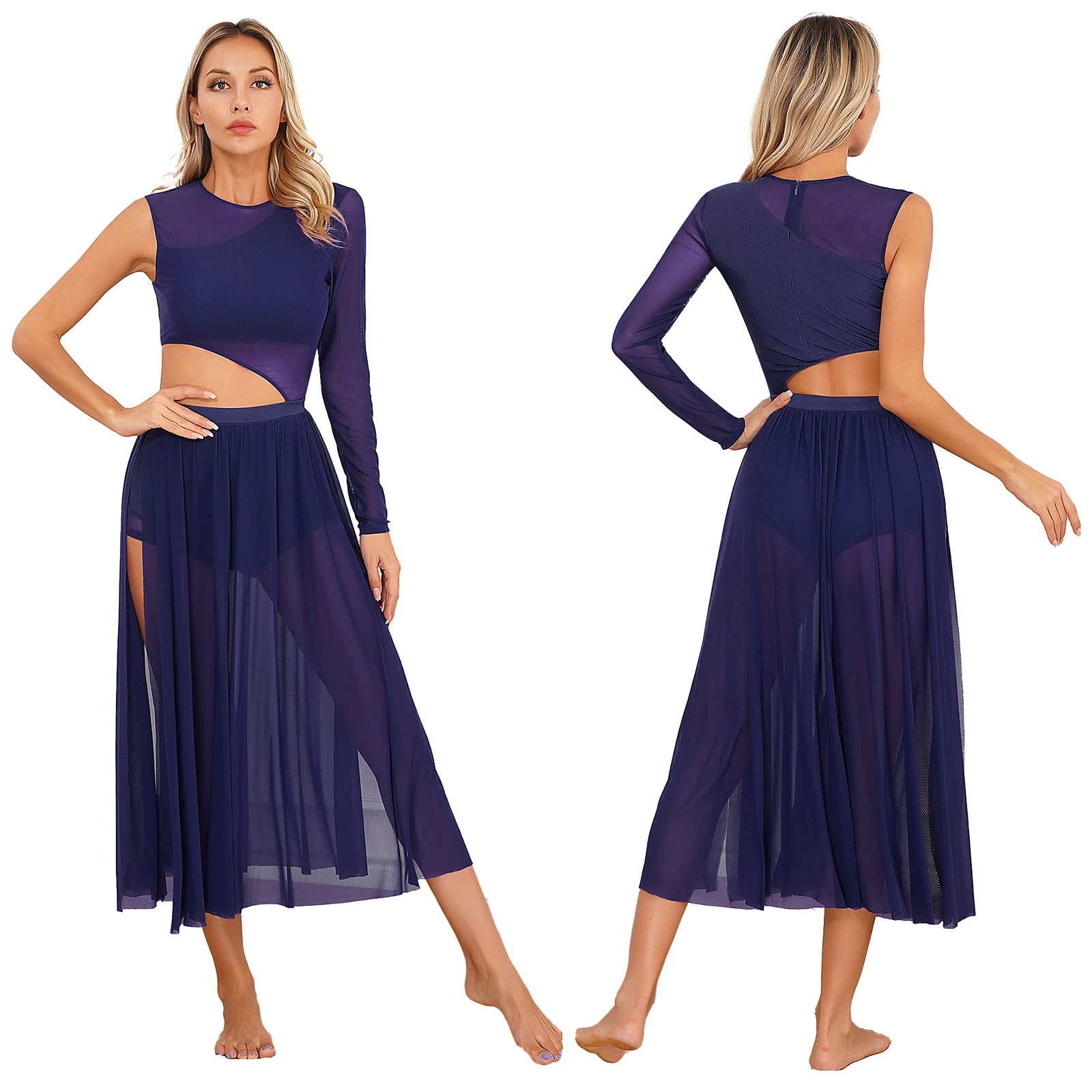 thumbnail image 1 of Vestidos de leotardo de patinaje y gimnasia para mujer, tutú, Ropa de baile de Ballet, malla transparente con abertura lateral, traje de actuación de danza lírica moderna, 1 of 5