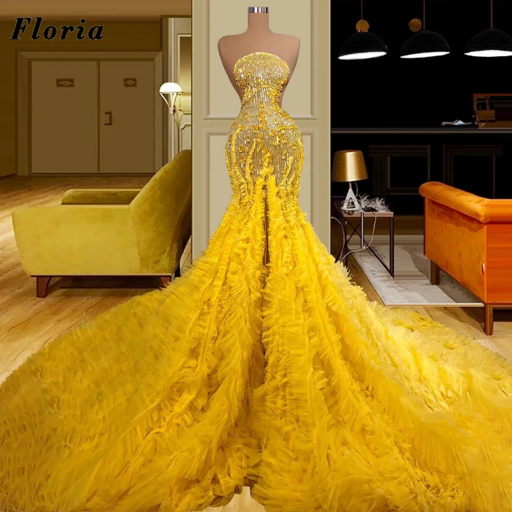 

Floria Yellow Long Wedding Party Dresses Elegant Beading Tiered Evening Dresses 2022 Robes De Cocktail Custom Dubai Prom Dress