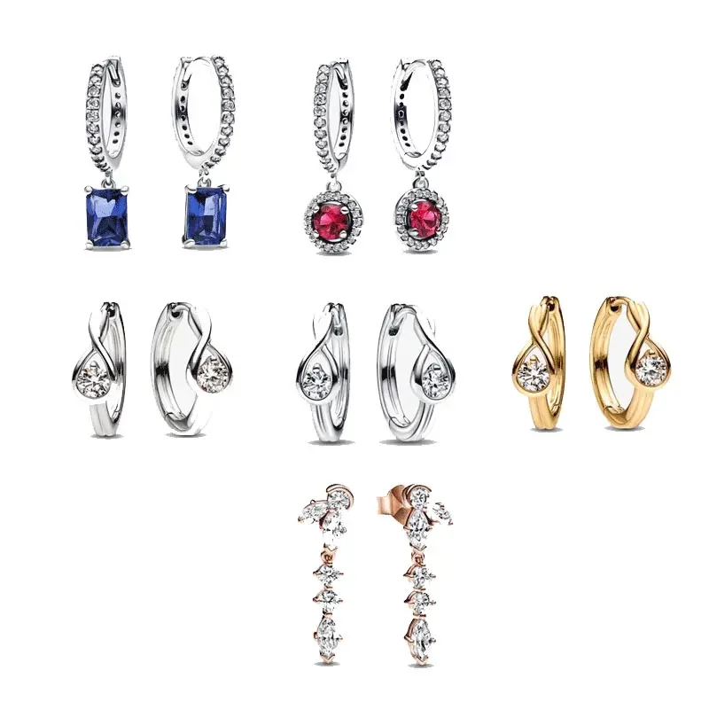 

Red Round Sparkling Hoop Earrings Blue Rectangular Sparkling 25 Silver Rose Gold Women's Earrings 2022 New Charm Gift Party