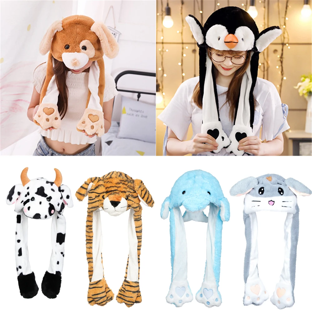 1PC Girls Boys Cute Animals Ear Moving Jumping Hats Plush Keep Warm Soft Funny Cap Women Winter Rabbit Pinch Airbag Hat