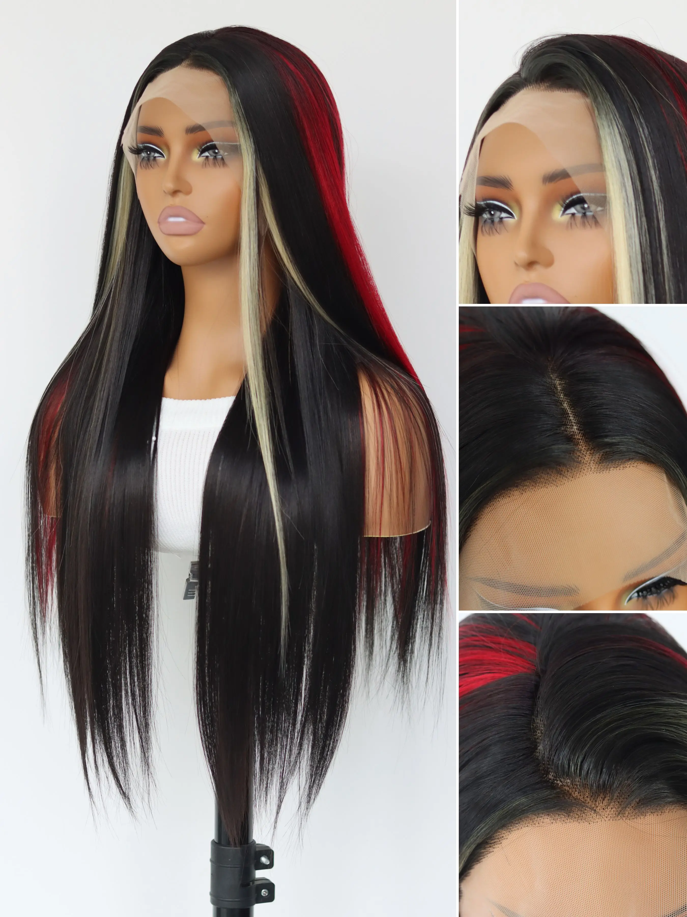 Black Skunk Stripe Blonde Highlight Red Synthetic Lace Front Wig Glueless Long Straight Mixed Red Black Colored Wigs