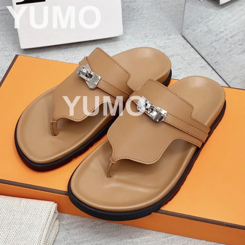 

Top Quality Genuine Leather Flip-flops Round Toe Nature Leather Silver Buckle Summer Vacation Beach Comfort Slides Size 34-46