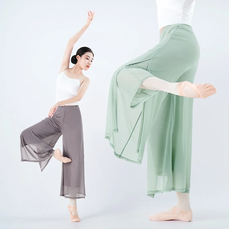 Women's Classical Dance Pants Chinese Folk Practice Dance Pants Elegant Adult Double-layer Mesh Splice Side Split Trousers