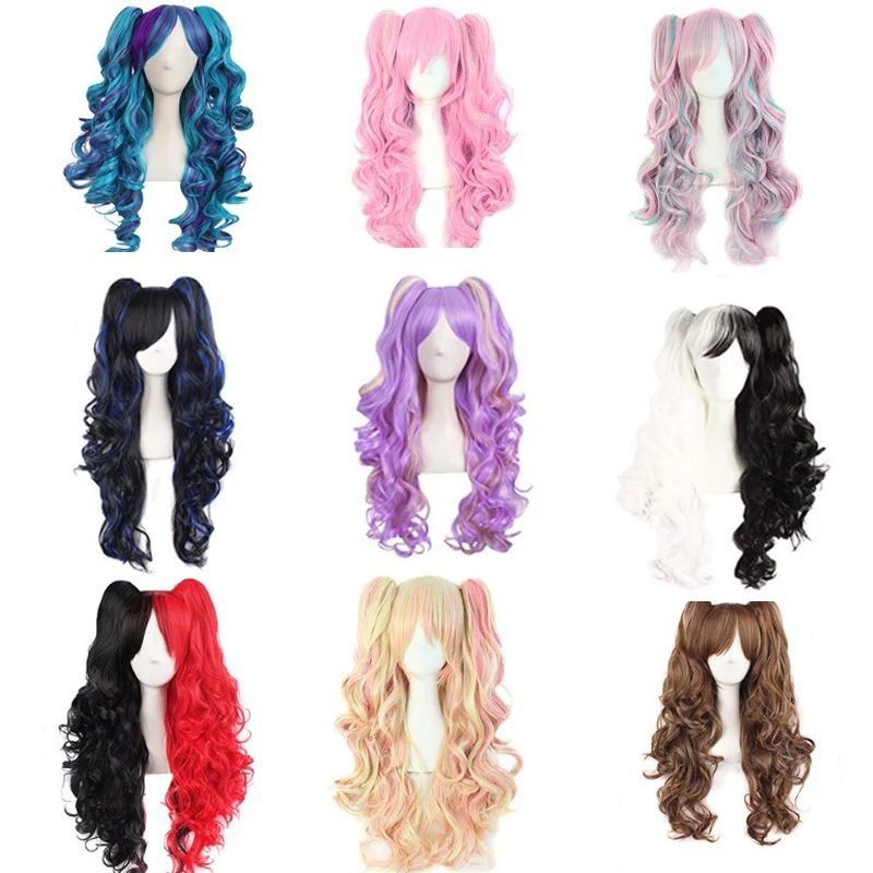 

Anime Lolita Cosplay Wig Women Girls Two Ponytails Carnival Party Outfits Synthetic Hair Wigs Heat Resistant Fiber Wavy Cos Wig