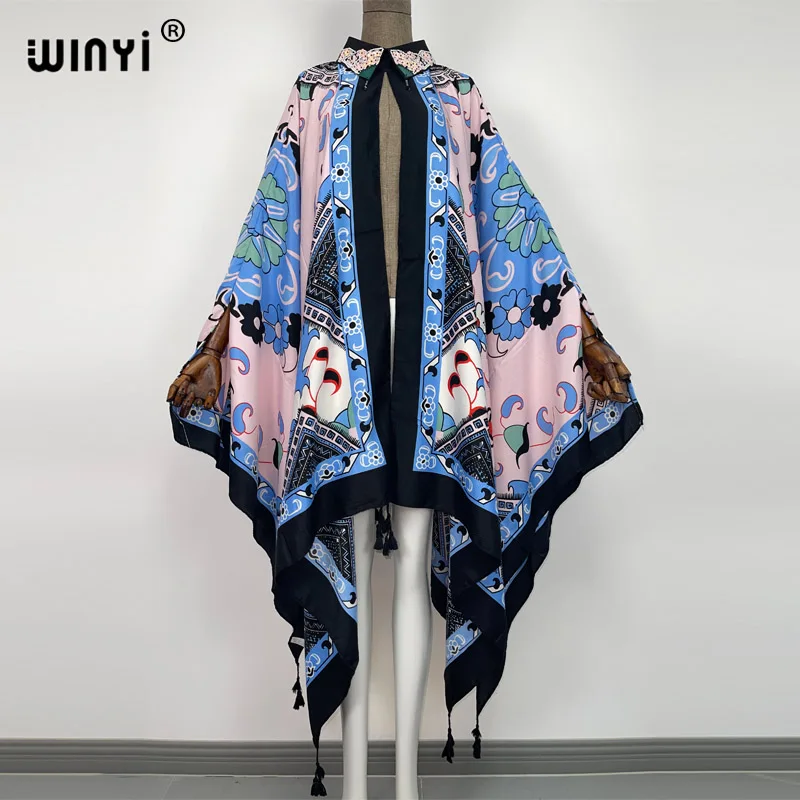 

WINYI Fashion lapel kimono Dress free Size Women's full Sleeve Floral Printed Elegant Casual Vacation Loose Dresses