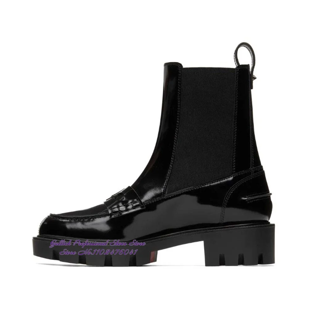 

Men's Black Patent Leather Med Heel Motorcycle Boots Elastic Band Patchwork Ankle Boots Male's Outdoor Casual Shoes
