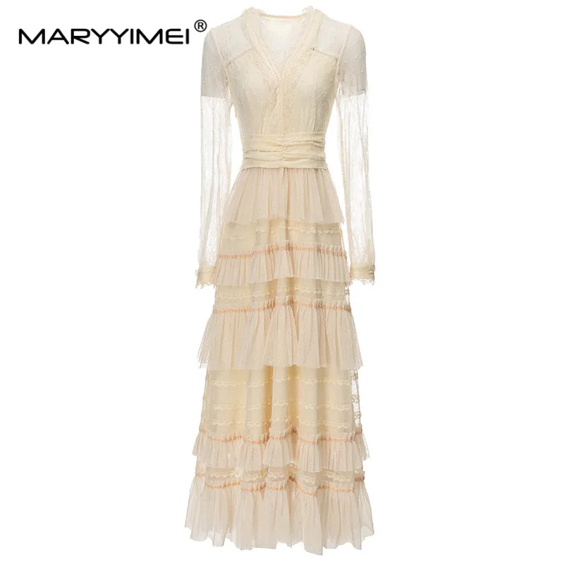 

MARYYIMEI New Fashion Designer Women's V-Neck Gauze Long Sleeve Layering Ruffled Patchwork Embroidery Closed Waist In Dress