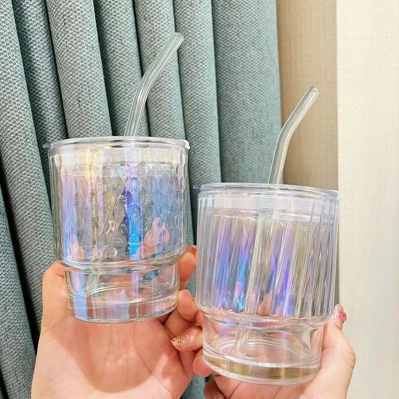 350ml Simple Stripe Coffee Glass Cup With Lid and Straw Transparent Bubble Tea Cup Household Ice Cream Yogurt Milk Juice Mug