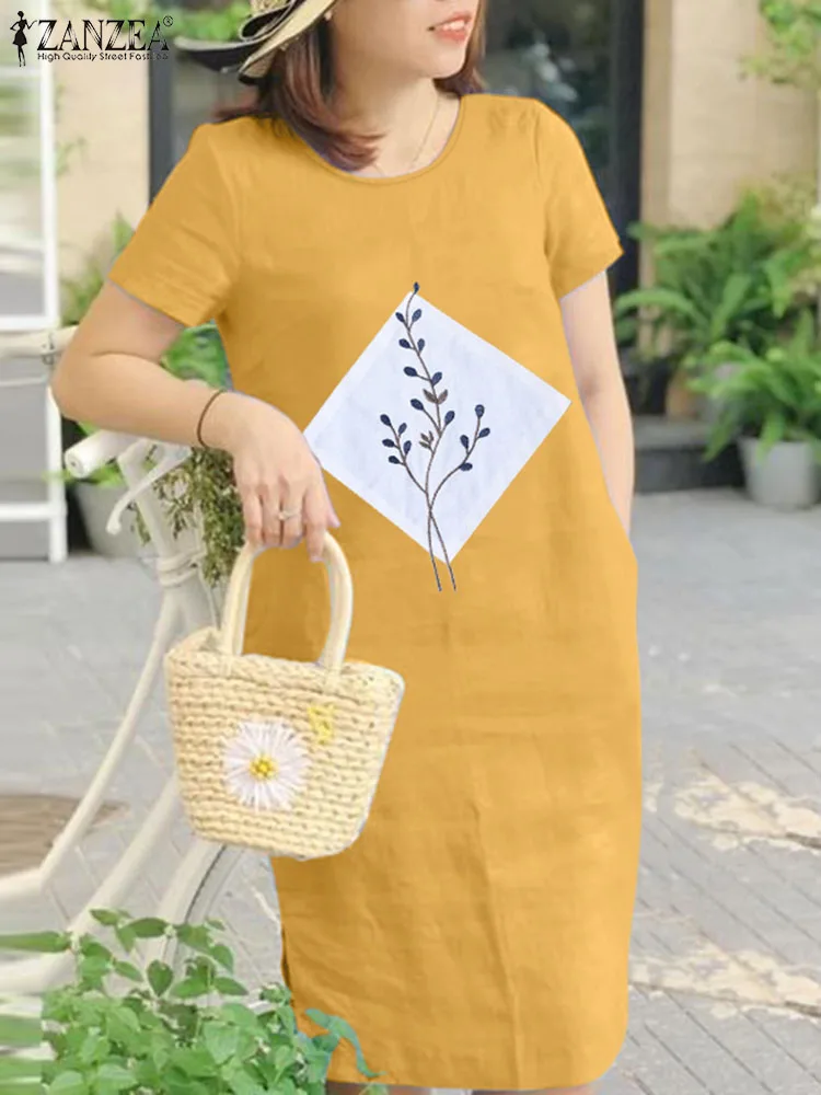 

Fashion ZANZEA Women Summer Short Sleeve Embroidery Dress Casual Floral Beach Midi Sundress Robe Femme Loose Holiday Vestidos