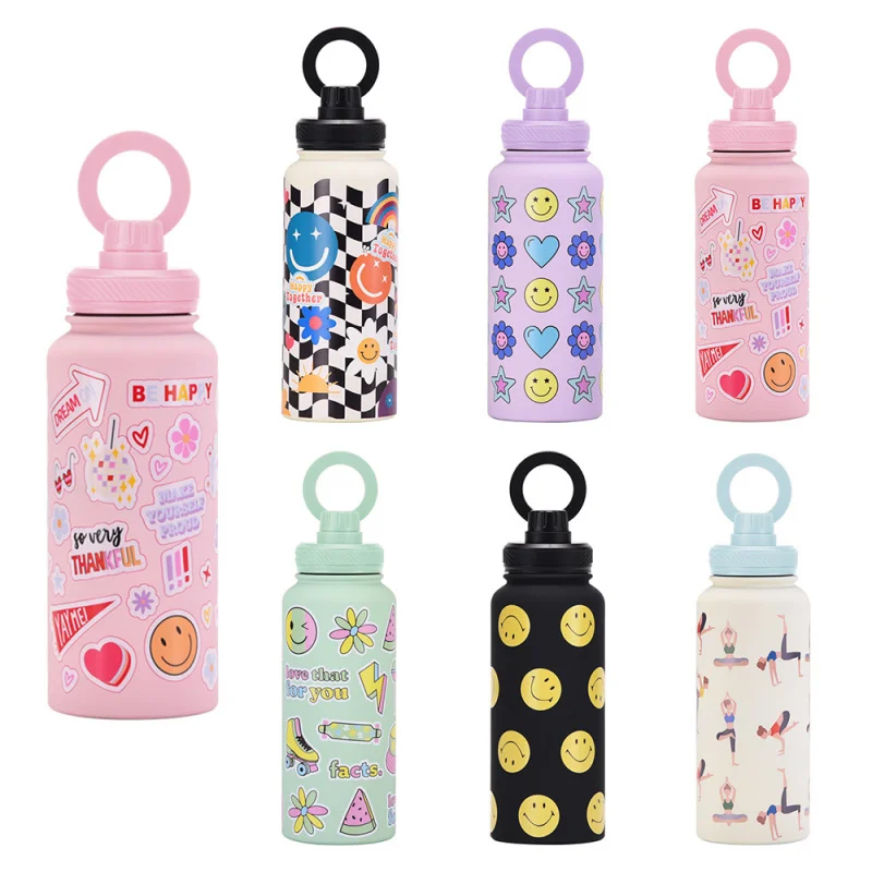 1000mL thermos water bottle with magnetic mobile phone holder Gym yoga print sports water bottle view 2