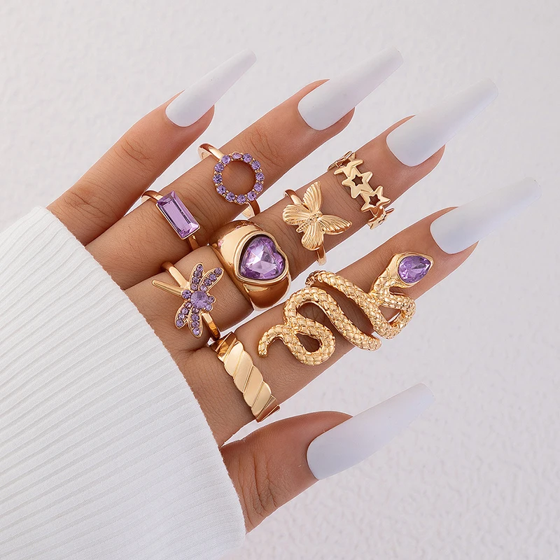 Purple Rhinestone Heart Dragonfly Snake Rings Set For Women Punk