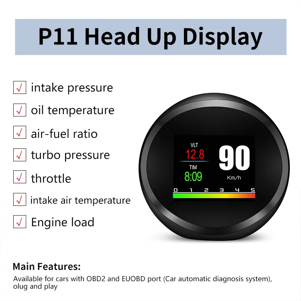 Автомобильный GPS-навигатор P11 OBD2, многофункциональный бортовой компьютер, часы с отображением температуры и напряжения воды с GPS, будильником превышения скорости