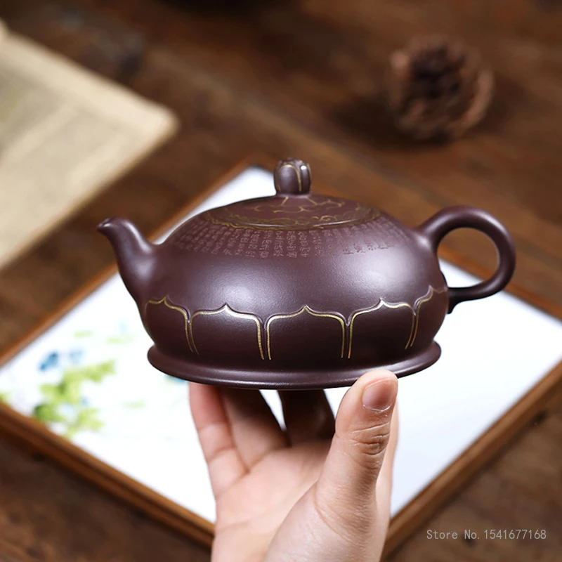 Zisha Segment Mud Teapot, Clay Buddha Lotus Pattern, Handmade Kongfu Tea Pots, New Chinese Purple Sand Tea Pot, 360CC, 1Pc