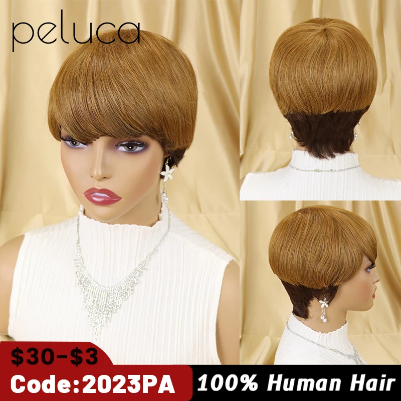 

Short Pixie Cut Wigs With Bangs Straight Hair Wig Peruvian Human Hair Wigs For Black Women Glueless Wig Honey Blonde Brown Ombre