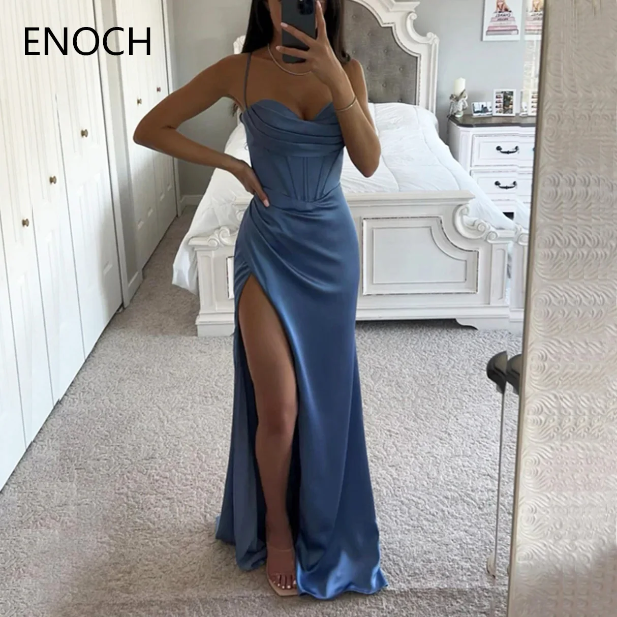 ENOCH Sexy Side Slit Mermaid Evening Dress New Spaghetti Straps Sweetheart Backless Satin Party Prom Formal Gowns فساتين الحفلات