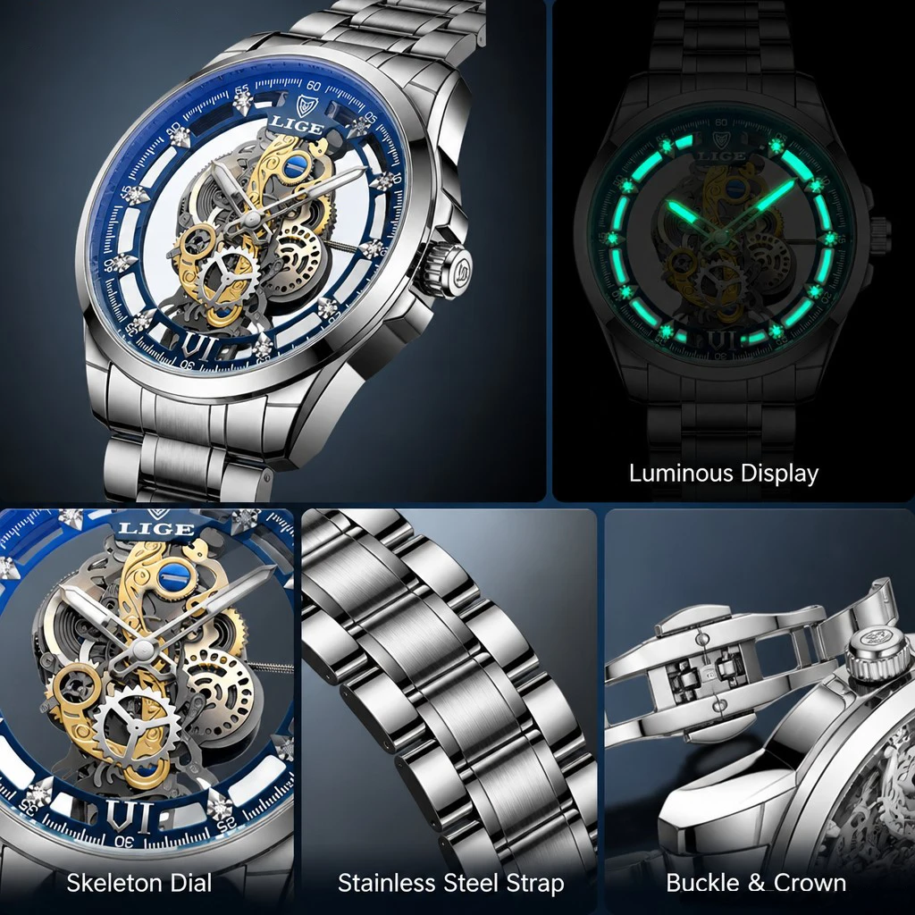 Luxurious Gold Skeleton Men's Automatic Watch by LIGE