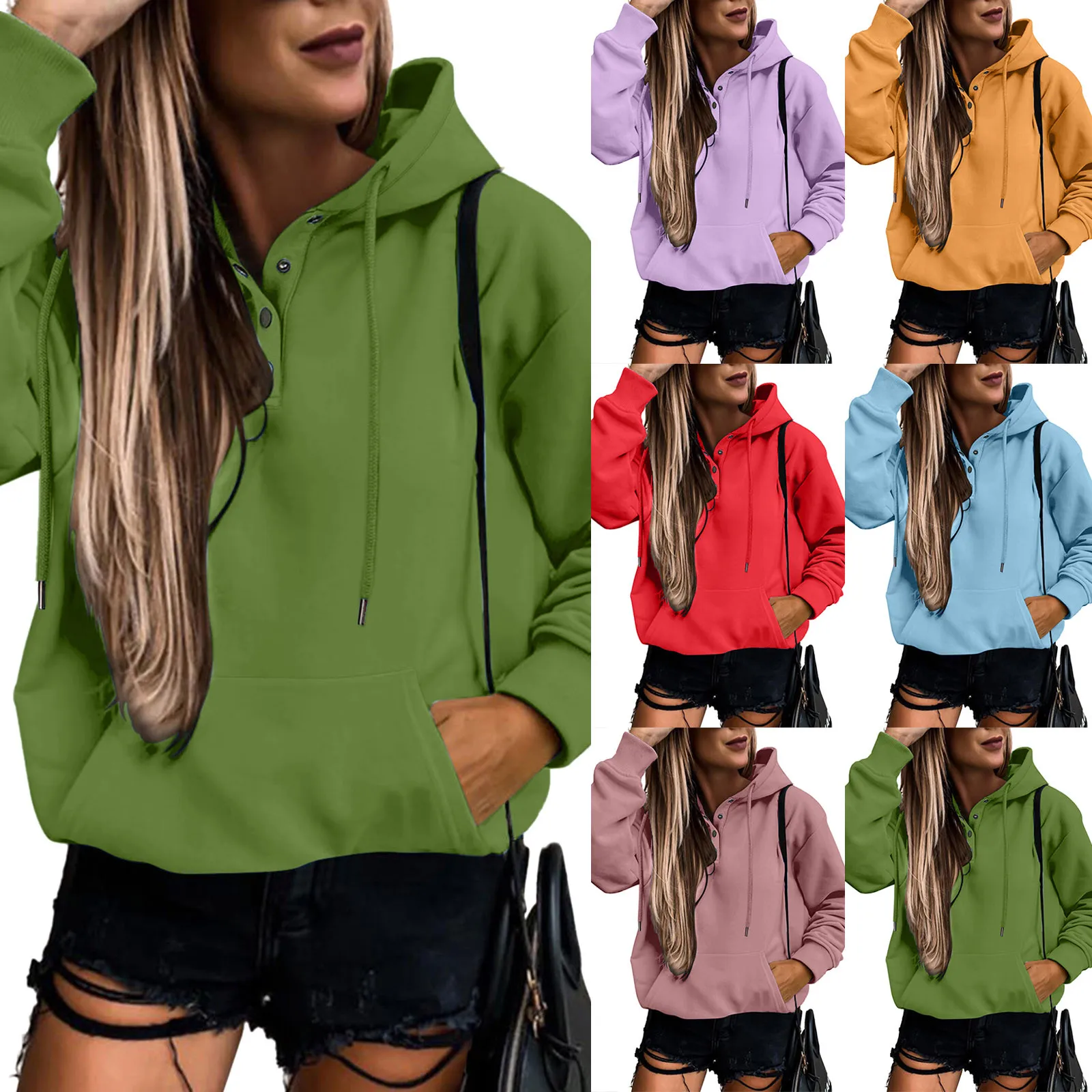 

Harajuku Fleece Hooded Sweatshirt Women Loose Kangaroo Pocket Quarter Button Up Hoodies Pullover Winter Sports Outwear Jackets