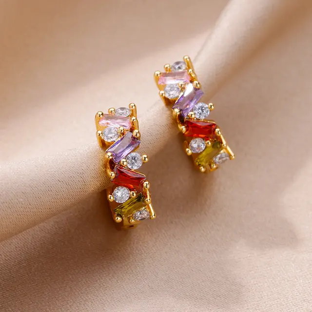 カラフル レインボー キュービックジルコニア ラウンド フープ イヤリング 14K ホワイトゴールドメッキ スターリングシルバー ジュエリー ギフト レディース 送料無料 ピアス ゴールド レインボー ジルコニア