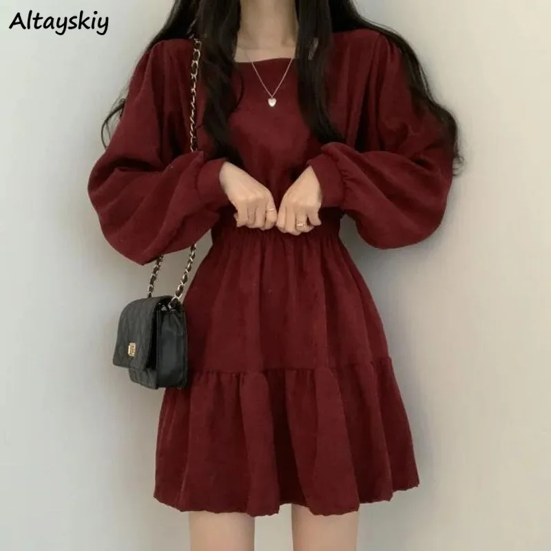 

Women Long Sleeve Dresses Solid Color Square Collar A-line Sweet Vintage Design High Waist Mini Length Soft Chic Korean