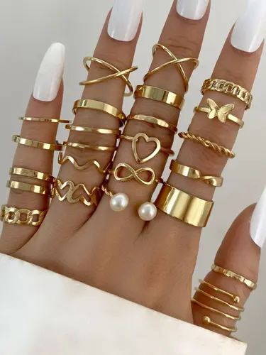 28pcs Fashion Ring Set for Women Heart Shaped Design Geometric Bohemian Element Accent Ring Daily Wear Dating Party Jewelry 2025 - Image 14
