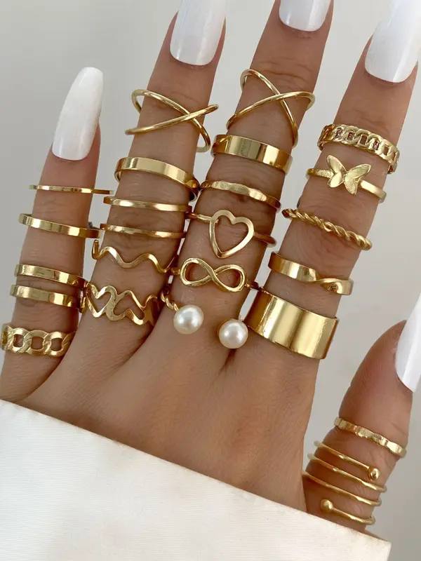 28pcs Fashion Ring Set for Women Heart Shaped Design Geometric Bohemian Element Accent Ring Daily Wear Dating Party Jewelry 2025 - Image 14