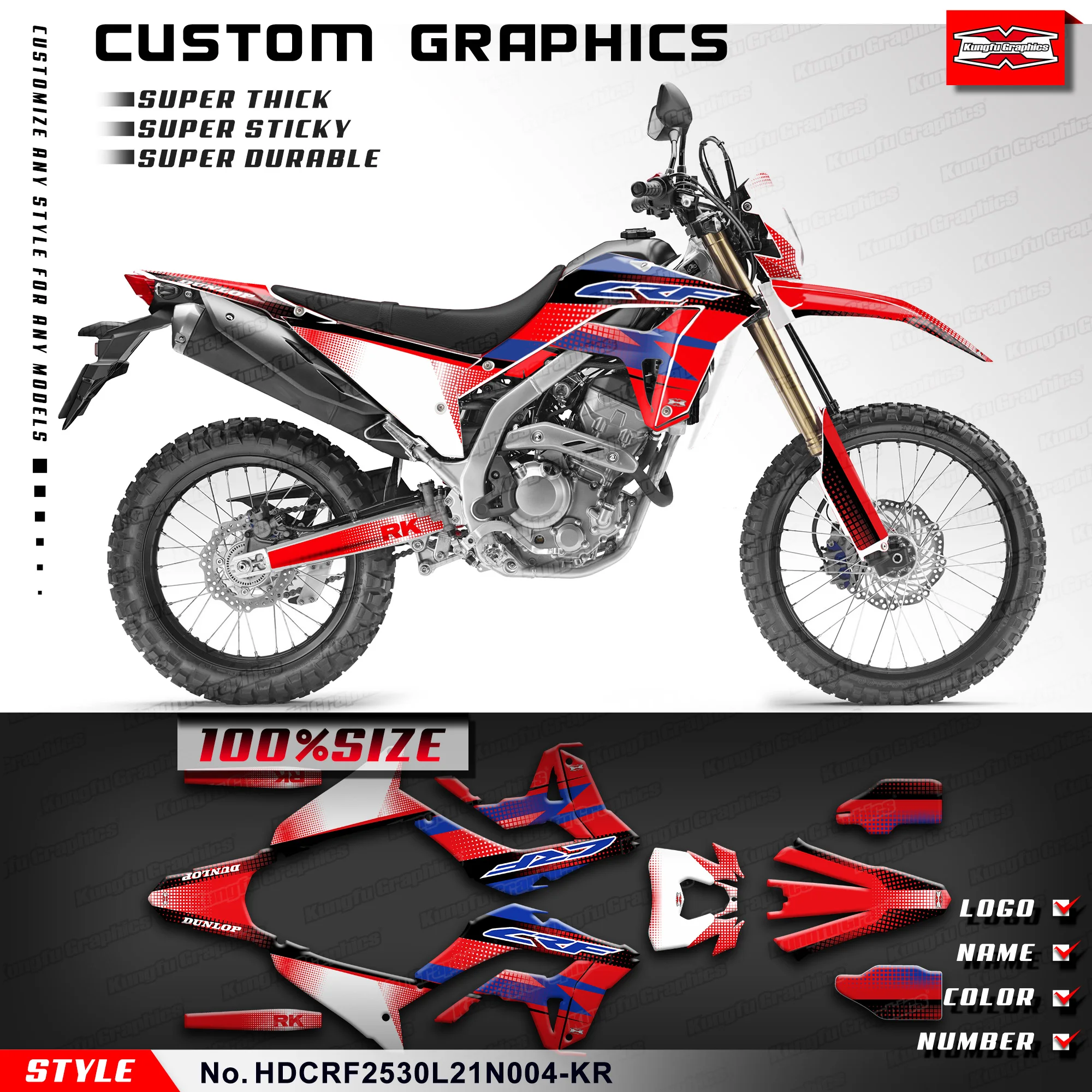 

KUNGFU, графические наклейки, полный виниловый Графический комплект для Honda CRF 250L 300L 2021 2022 2023, HDCRF2530L21N004-KR