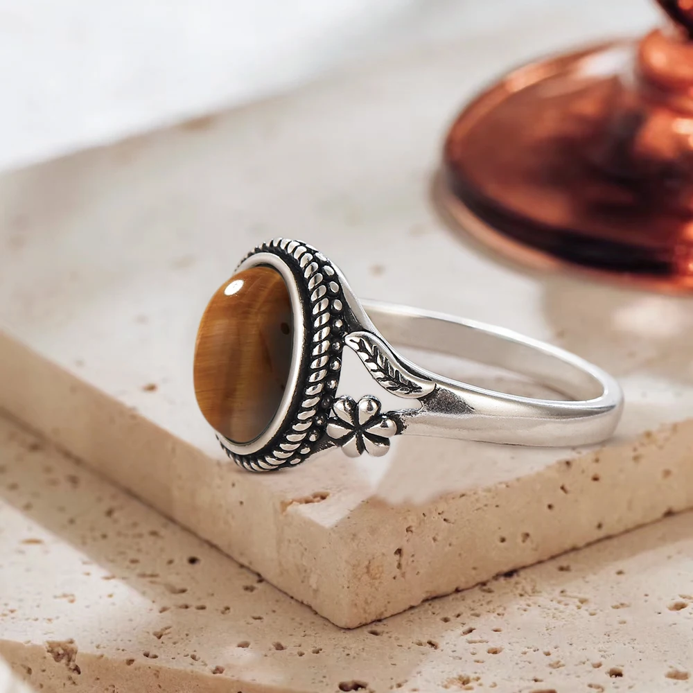 Sterling Silver 925 Rings Vintage 8x10mm Stone With Flower