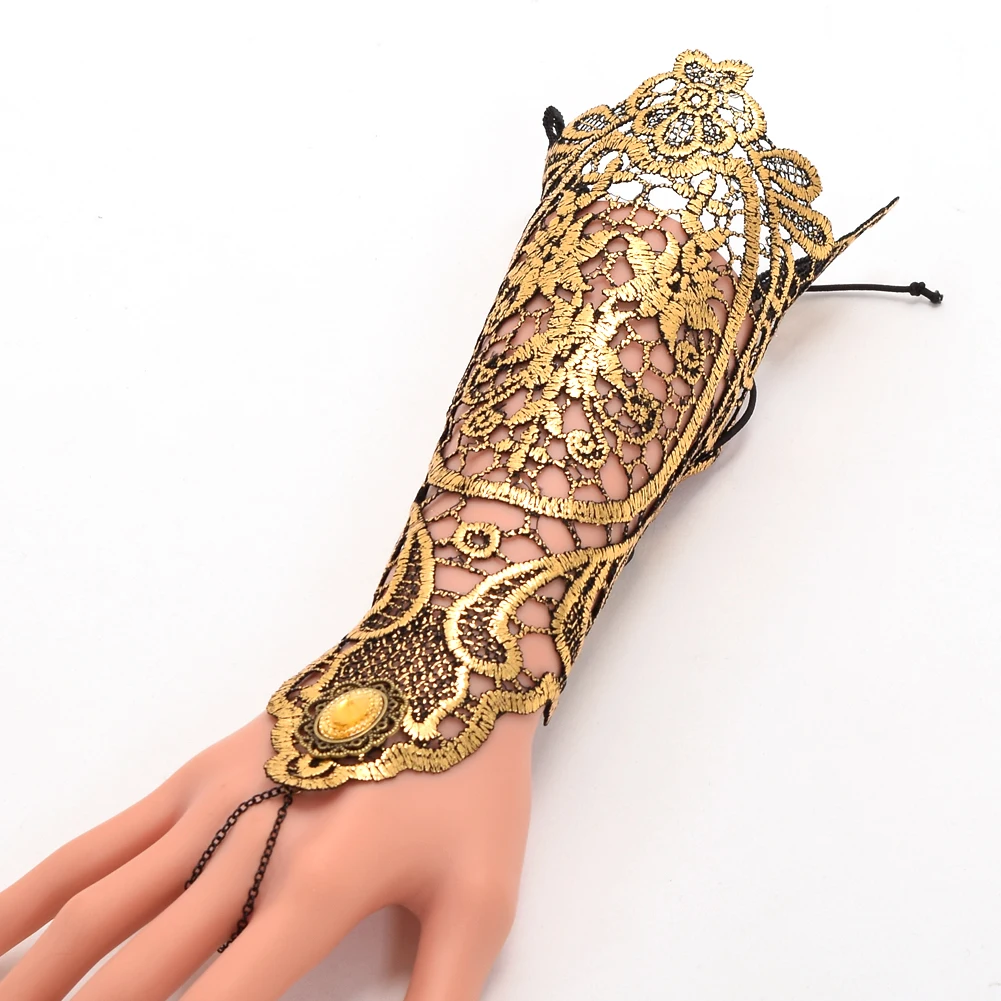 Medieval Golden Lace Gloves Vintage Gothic Queen Cosplay Accessory Victorian Armband Bracer