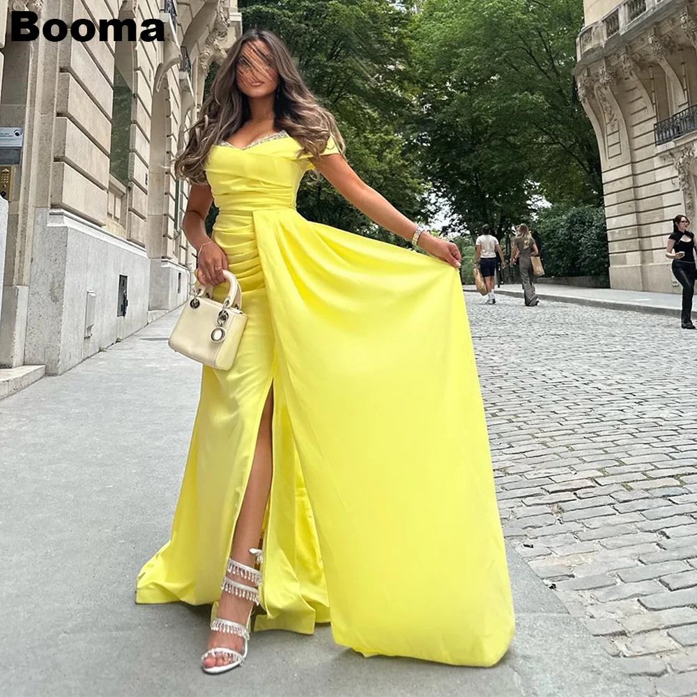 

Booma Yellow Stain Mermaid Prom Dresses Sweetheart Beading Off Shoulder Evening Dresses Leg Slit Formal Occasion Gowns for Women