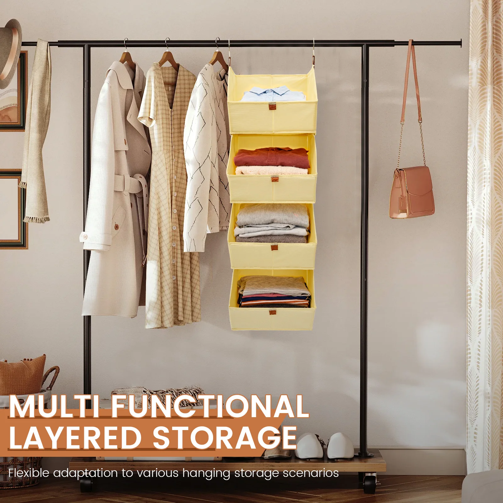 4 Tier Hanging Closet Organizer Thickened Nonwoven Fabric Closet Storage Bin Removable Storage Rack for Clothes Shoes Towel Toy