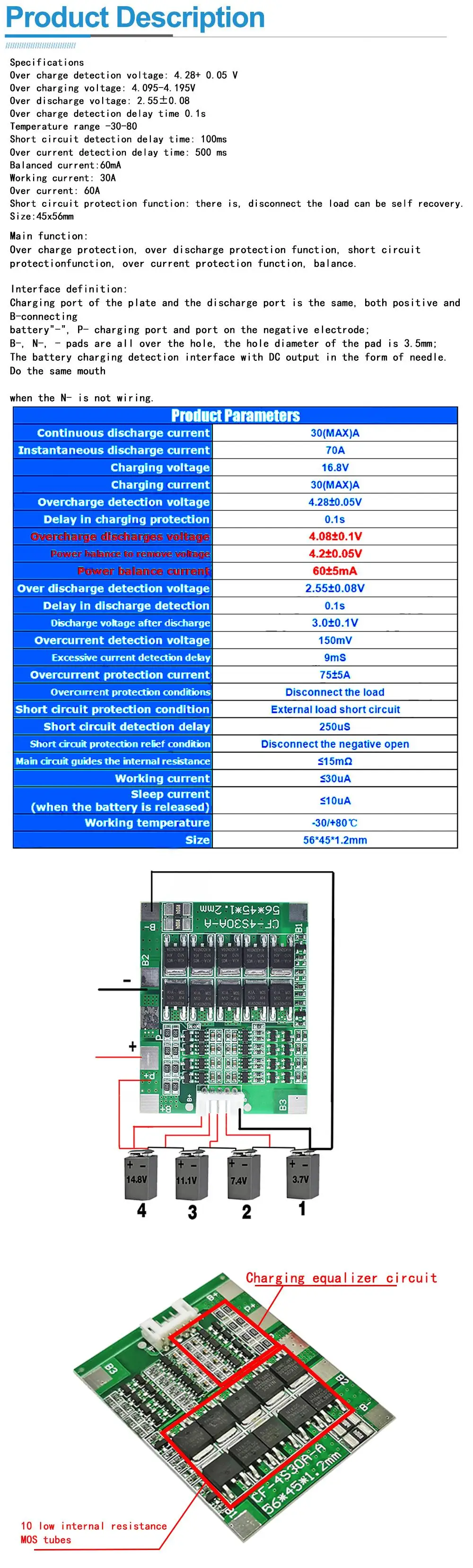 4S 30A 14,8 V Li-Ion Lithium-18650 Batterie BMS Packs PCB Schutz Bord Balance Integrierte Schaltungen – Detail 2
