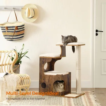 33.9-Inch Cat Tower, Medium Cat Tree with 3 Beds and Cave, Cat Condo Made of MDF with Wood Veneer, Sisal Post and Washable 2