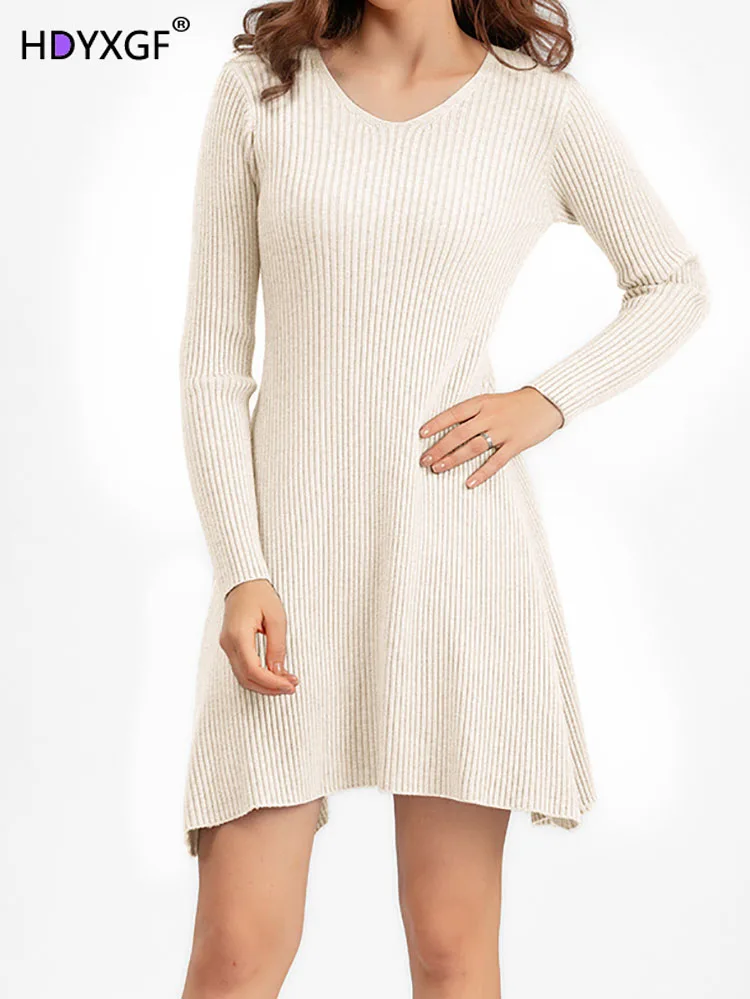 Casual Solid Color Slim Long Sleeve Sweater Dress Women Spring Simple Cozy V-neck Dresses Vintage Fashion Loose Knit Dress 2024