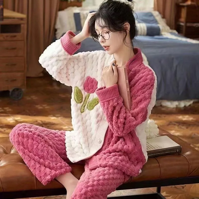 Winter Pajamas Women Loungewear Thickened Coral Velvet Famale Sweet Cute Home Wear Set Ladies Long Sleeved Loose Sleepwear Suit