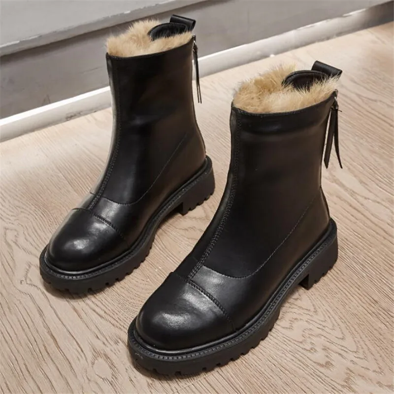 Women Winter Pure Color Leather Mid-Heel Boots main image 1