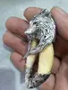 Chinese Collection Teeth Inlaid Tibetan Silver Wolf Head Pendant Amulet 3