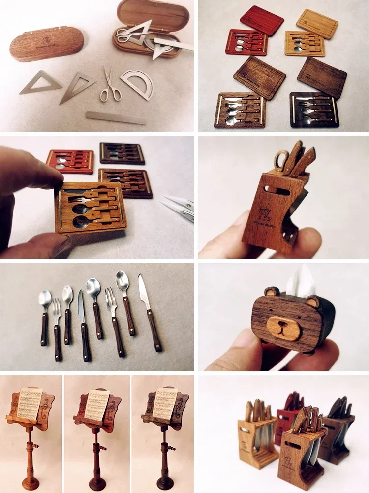 1:6 Dollhouse Wood Furniture Miniature Pencil Case Knife Fork Kitchenware Mini Piano Stand Bookshelf Hanger Doll Accessories