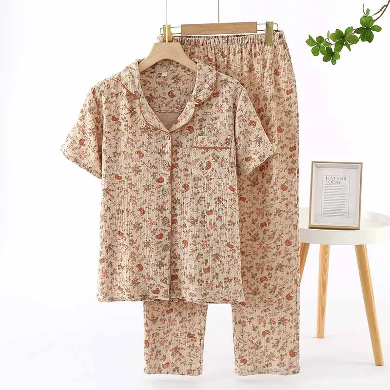 

2024 Spring/Summer Women's New Pajama Set 100% Cotton Crepe Short Sleeves+Pants Flip Collar Vintage Flower Simple Homewear