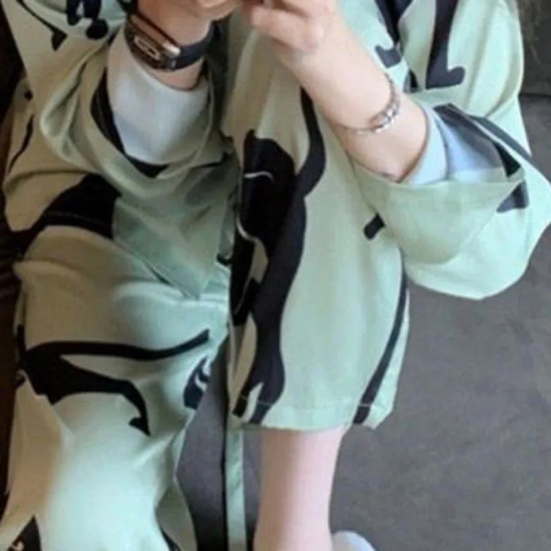 Korean Printed Pajamas Women Spring Autumn Long Sleeve Nightdress 2024 The Latest Ice Silk Sleepwear Loose Casual Home Wear Set
