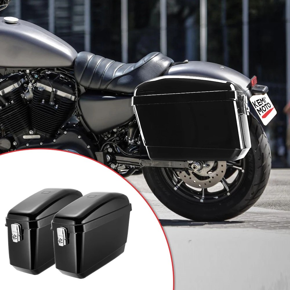 New Universal Black Hard Trunk SaddleBags Luggage w/ Lights Motorcycle Cruiser 